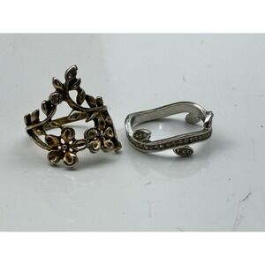Silver Tone Floral Vine and Crystal Wave Stackable Ring Lot of 2